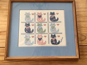 VINTAGE APPLIQUE FOLK ART BY VALERIE NINE CATS FRAMED WALL ART - Picture 1 of 5