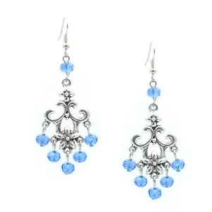 Chandelier Silver Drop Blue Crystal Filigree Earring - Picture 1 of 4