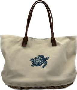 Two’s Company Tote Market Basket Canvas & Woven Willow Seas The Day Turtle