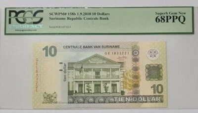 2010 Suriname 10 Dollars PCGS68 PPQ SUPERB GEM NEW {P-158b} - Image 1 of 4