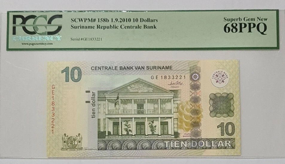 2010 Suriname 10 Dollars PCGS68 PPQ SUPERB GEM NEW {P-158b} - Image 1 of 4