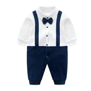 CUTE Baby Boy Gentleman Romper Suit - 100% Cotton White and Navy with Bow tie - Picture 1 of 6