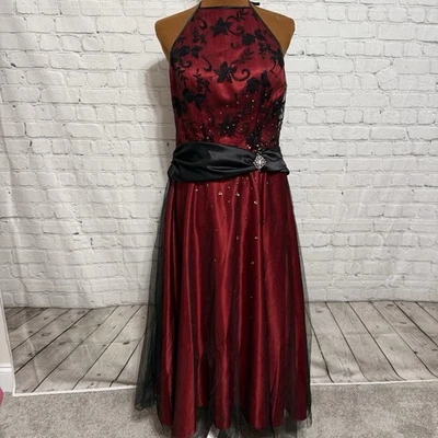 Vestido Halter Flirt Maggie Sottero Talla 12 Negro Tul y Encaje Sobre Estrás Rojo Foto 1 de 4