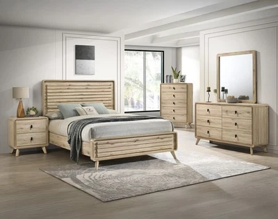 Juego de dormitorio cama king listones acabado madera texturas naturales mediados de siglo 6 piezas Foto 1 de 4