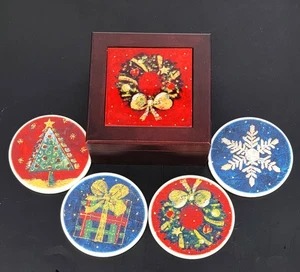 2005 Cypress Home Delux Christmas Wooden Box 4 Ceramic Coaster Set Original Box - Picture 1 of 10