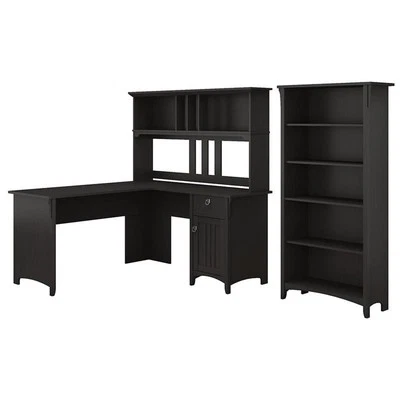 Bush Furniture Salinas 60W L Shaped Wood Desk with Hutch Bookcase in Black - Image 1 of 4