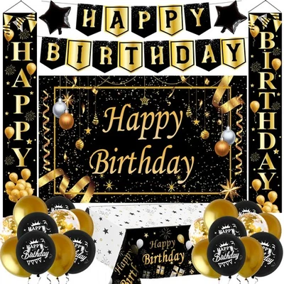 Decoraciones de cumpleaños negras y doradas, decoraciones de fiesta de cumpleaños para hombres niños... Foto 1 de 4
