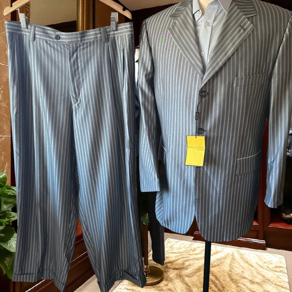 New Vtg 90s Wide Trouser Leg Suit 44L 32x29 Silk Wool Made In Italy - Image 1 of 4