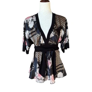 Vintage-Style Black Floral Chain Print Wrap Top Made in USA (No Size) approx M - Picture 1 of 6