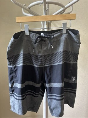 Men’s Gray And Black Striped Volcom 34 Inch Cinch Fly Shorts ￼ - Image 1 of 4
