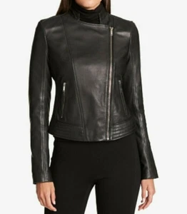 DAMEN PETITE SMALL DKNY ASYMMETRISCHER REISSVERSCHLUSS LEDER MOTORRADJACKE, SCHWARZ - Bild 1 von 3