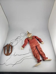 Vtg Wood Carved Clown Marionette String Puppet Polka Dot Wood Handle 16" Tall - Picture 1 of 16