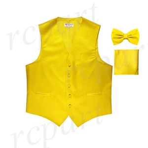 New Men's formal vest Tuxedo Waistcoat_bowtie & hankie set yellow prom wedding - Picture 1 of 5