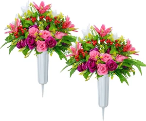 Artificial Cemetery Flowers with Vase, Set of 2 Artificial Rose Lily Bouquet Gra - Picture 1 of 6