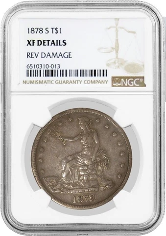 1878 S T$1 Trade Dollar Silver NGC XF Details Reverse Damage Coin Cover