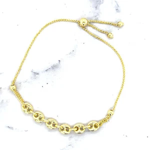 14K Yellow Gold 9.25" Puffed Mariner Link Friendship Bracelet, Bolo Bracelet - Picture 1 of 9