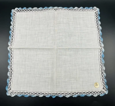 Pañuelo vintage Nasharr todo lino con borde azul fabricado en Irlanda 12" Foto 1 de 4