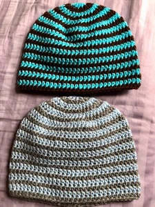 2 HAND CROCHETED UNISEX BEANIE SKULL CAP HATS Brown/turquoise & Blue/Gray - Picture 1 of 4