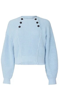Maglione donna Rebecca Minkoff Natalie blu chiaro dettaglio bottoni a costine cropped L - Foto 1 di 10