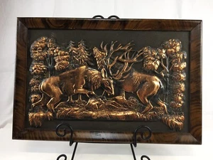 Unique 3D Embossed Raised Copper Art Elk Fight in Forest Wood Frame 17.5”x11.5” - Picture 1 of 12