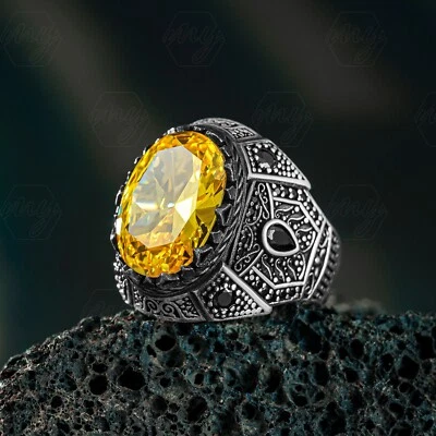 Anillo turco hecho a mano de plata de ley 925 con piedra citrina amarilla para hombre Foto 1 de 3