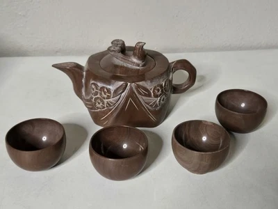Tetera de pájaro antiguo de piedra tallada china vintage con 4 tazas 1 TIENE CHIP marrón oscuro  Foto 1 de 4