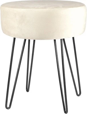 Cream Velvet Round Footstool with Black Legs, Modern Pouffe for Bedroom & Vanity - Image 1 of 4