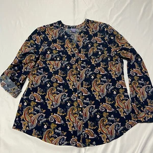 Blusa Laura Scott Top Abotonada Mangas Enrollables Azul Marino Paisley XL De Colección - Imagen 1 de 10