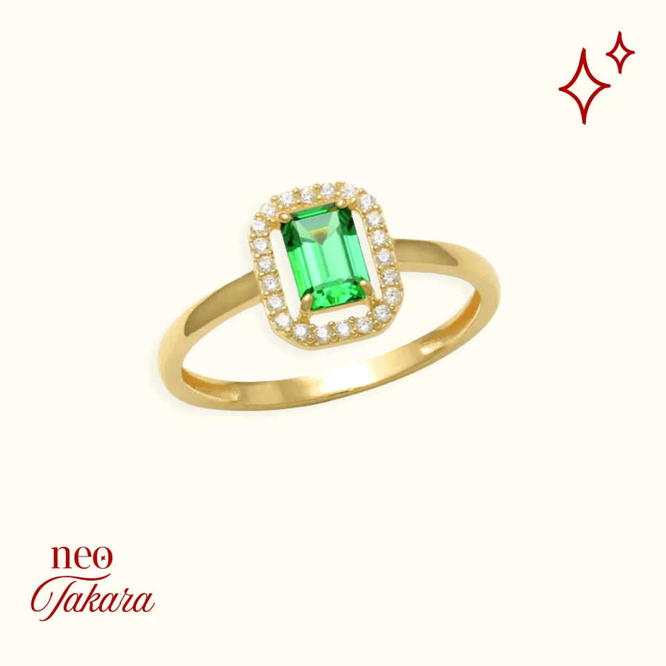 9ct Solid Yellow Gold Halo Green Ring Emerald-Cut with CZ Accents - Gift for Her - Image 1 of 4