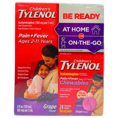 Children’s Tylenol Pain + Fever Grape Flavor Combo 4 fl oz + 24 Tabs EXP 02/2026 - Image 1 of 4