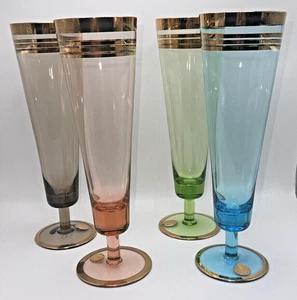 Mehrfarbige konische Pilsner Goldrand Gläser 9" hoch 4er Set Rumänien Vintage - Bild 1 von 8