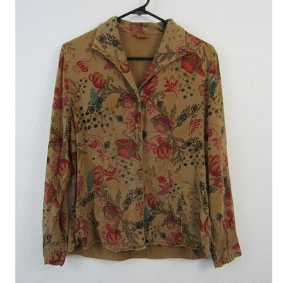 Tianello Medium Women's Tan Floral Printed Button Up Long Sleeve Blouse - Image 1 of 4