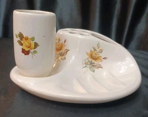 ViINTAGE SOAPDISH TOOTHBRUSH HOLDER CUP SET YELLOW FLOWER MID CENTURY - Picture 1 of 18