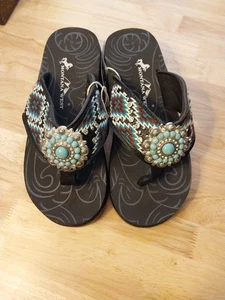 Montana West Aztec Flip Flops Bling Concho Womens Sandals Black Turquoise Blue - Picture 1 of 15