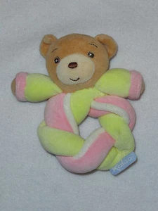 Kaloo Plush Tan Teddy Bear Pink Yellow Braided Ring Rattle Soft Baby Girl Toy - Picture 1 of 1