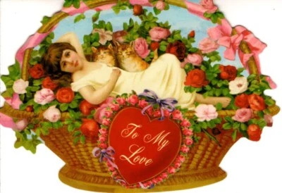 Happy Valentine's Day Girl In Basket Die Cut Blank Note Card By Punch Studio - Image 1 of 3
