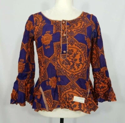 Odd Molly Orange Purple Boho Bell Sleeve Peasant Tunic Blouse Shirt Size 1 Small - Image 1 of 4