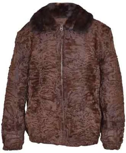 Men's Brown Astrakhan Fur Bomber Style Jacket Mink Fur Collar Karakul Fur Coat - Picture 1 of 6