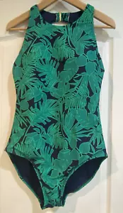Wms Lands End Swimsuit Sz M One Piece Emerald Palm Bathing Soft Cup High Neck - Picture 1 of 13