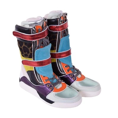DOLCE & GABBANA Leopardo Parte Superior Alta Cuero Tenis Botas Zapatos Púrpura Azul Rojo Foto 1 de 4