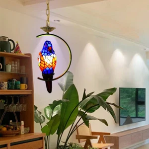 Victorian Stained Glass Shade Pendant Lighting 1 Bulb Bird Hanging Ceiling Lamp - Picture 1 of 12