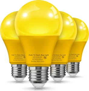 40W Equivalent A19 Amber Porch Light Bulbs, 6W Dusk to Dawn Sensor Yellow Bug Li - Picture 1 of 9