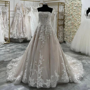 Strapless Wedding Dress Sleeveless Zipper with Button A-line Bridal Gowns Train - Picture 1 of 7