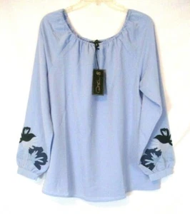 New DG2 Diane Gilman Shirt Blue Sz M Floral Embroidered Sleeve 645435 Women ZU14 - Picture 1 of 7