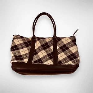 Vintage LL Bean 100% Wool Leather Large Tote Handbag Purse White Black Plaid - Picture 1 of 7