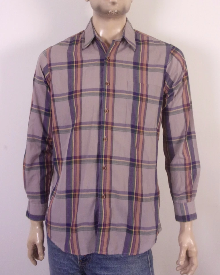 vintage 80s Henry Grethel Colorful Plaid Button Front Shirt Up Down Indie Mod M - Image 1 of 4