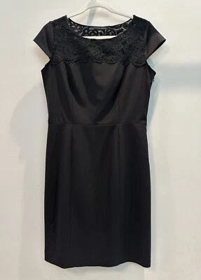 Size 6 CYNTHIA STEFFE Little Black Dress LACE YOKE Wool PENCIL Short Sleeve LINE - Image 1 of 4