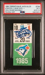 1985 CECIL FIELDER SIGNED MLB DEBUT TICKET STUB 7/20/85 BLUE JAYS PSA 3 AUTO 10 - Picture 1 of 2