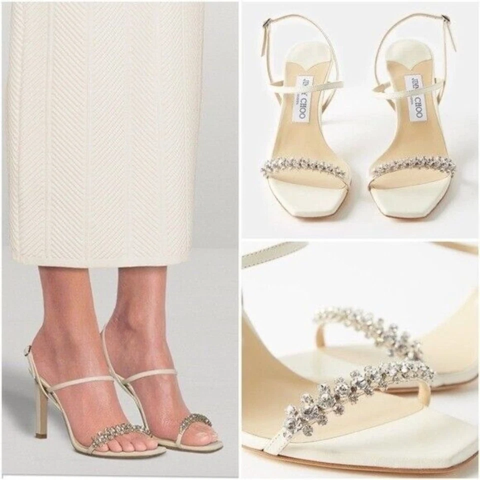Jimmy Choo 37 Meira 85 Latte Nappa Sandalia Tacones Cristal Adorno Novia Foto 1 de 4
