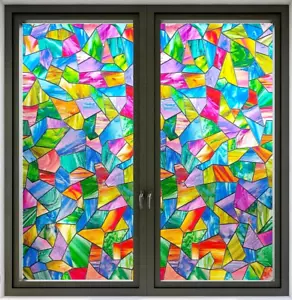 Decorative Stained Glass Window Cling Privacy Film Colorful Geometries 17" x 47" - Picture 1 of 7